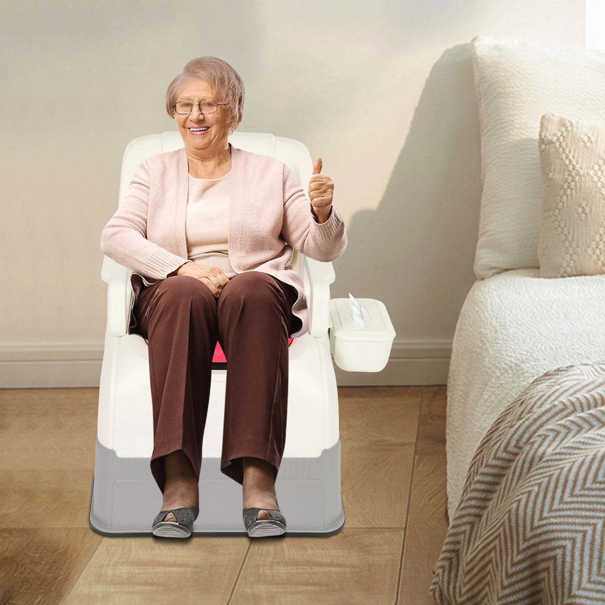Portable Commode Chair With Armrests And Dual Lids Bedside Toilet