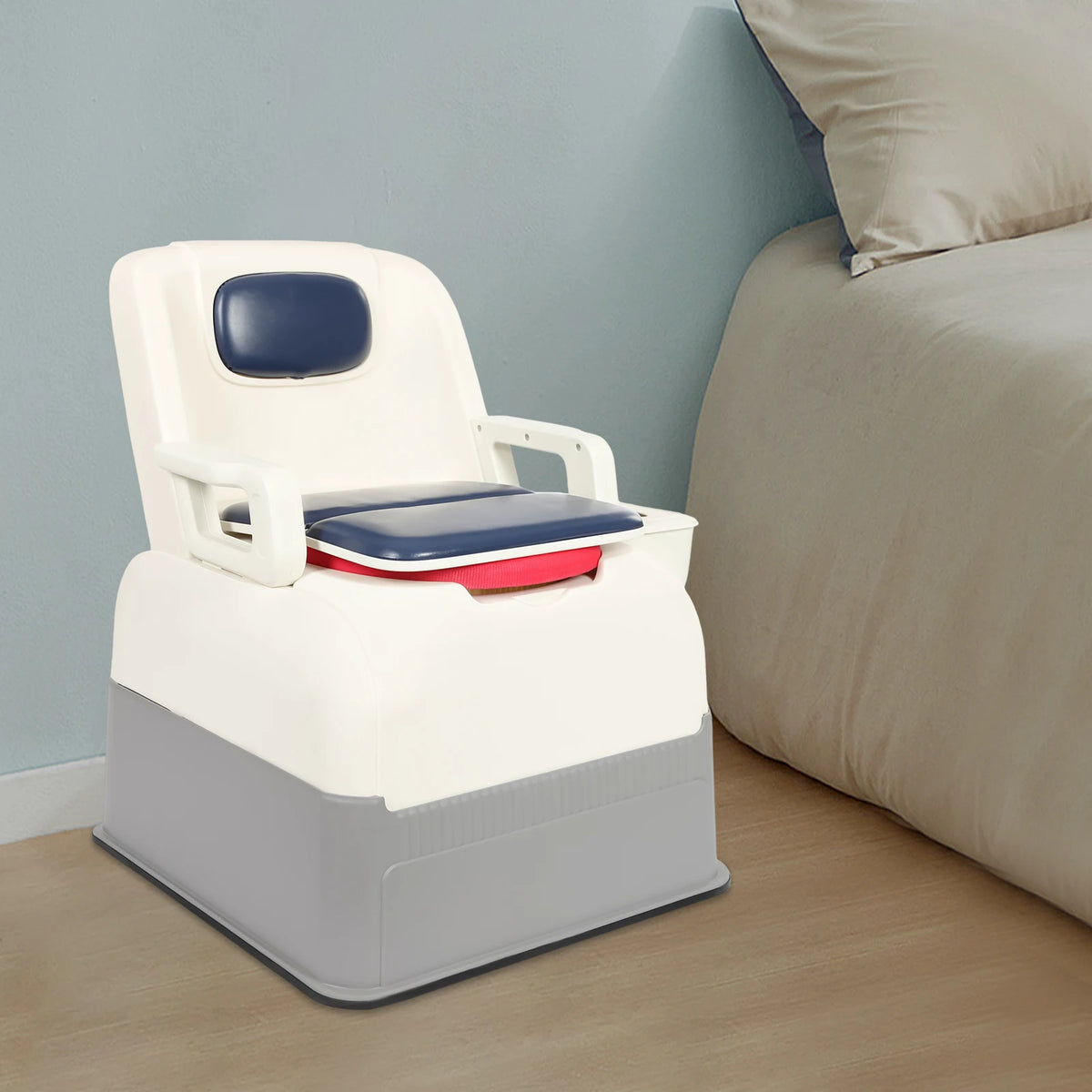 Portable Commode Chair With Armrests And Dual Lids Bedside Toilet